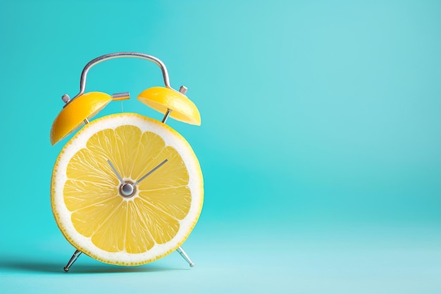 Foto orologio sveglia con un frutto di limone tagliato al posto del quadrante dell'orologio orario estivo benvenuti all'estate concetto minimale creativo vitamine frutta e dieta vegana orologio risveglio agrumi