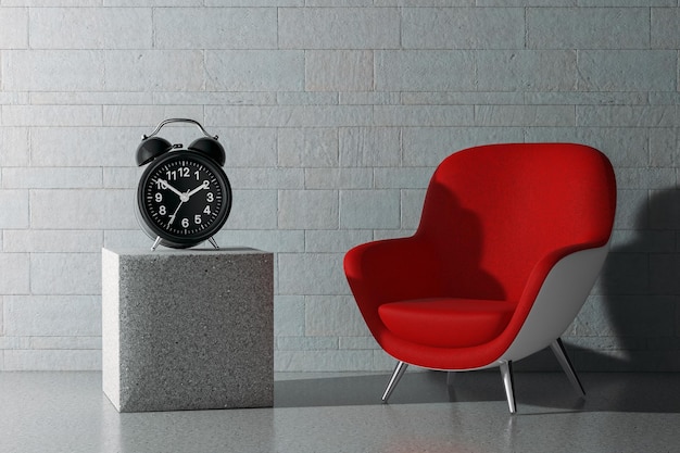 Alarm Clock with Empty Red Modern Oval Shape Relax Chair 3d Rendering