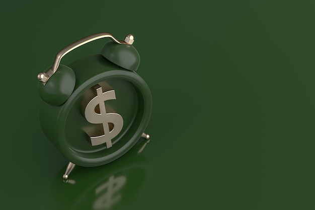 Sveglia con l'icona del simbolo del dollaro in oro su sfondo verde. rendering 3d