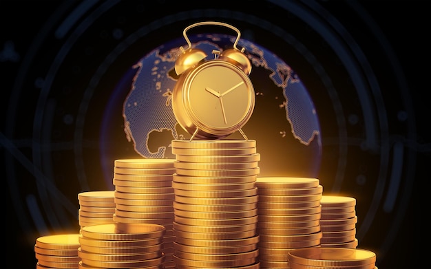 Alarm clock with golden coins Mountain of gold coins on the background of the globe 3d render