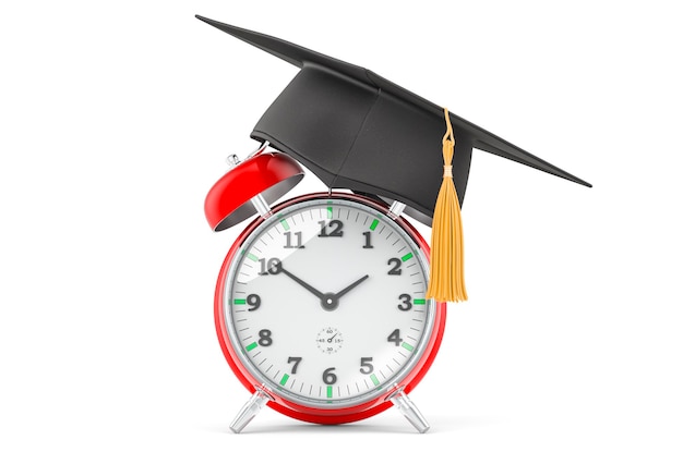 Alarm clock with graduation cap 3D rendering