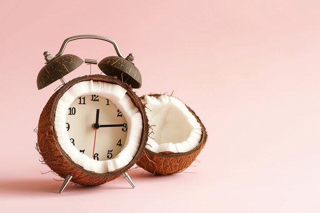 Alarm clock with half of a coconut instead clock face on pastel background Creative minimalist concept dieting tropical exotic healthy meal Summertime tropical vacation concept