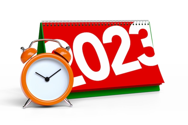 Alarm Clock with January 2023 Calendar on a White Background Time and Calendar Concept 3d Rendering