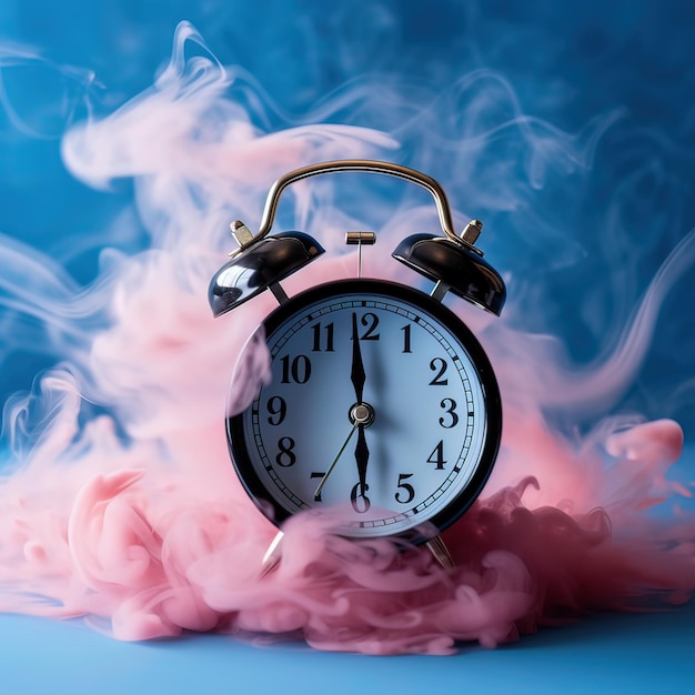 Alarm clock with pink smoke on blue backgroundGenerative ai