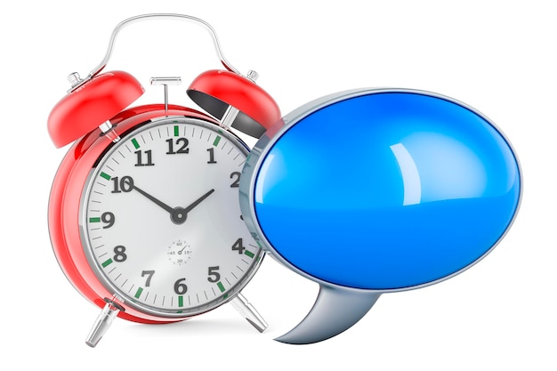 Alarm clock with speech bubble 3D rendering isolated on white background