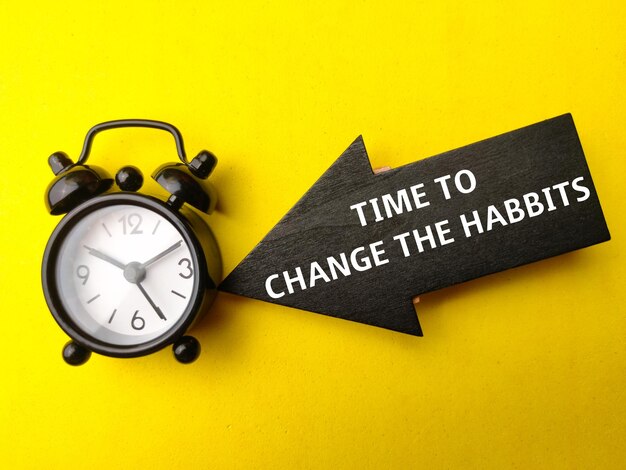 Alarm clock and wooden arrow with text time to change the habbits