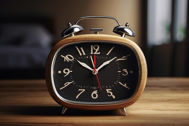 An alarm clock on wooden surface