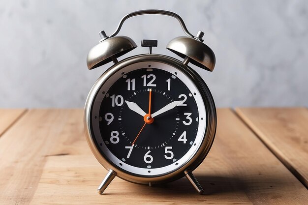 An alarm clock on wooden surface