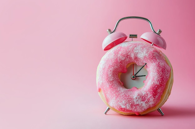 Alarmclock gemaakt van donut Ontbijttijd creatief minimaal concept Fastfood snoep suiker dieet maaltijd pauze op het werk Donut in de vorm van een klok Tijd voor dessert snack Kopieer ruimte voor tekst