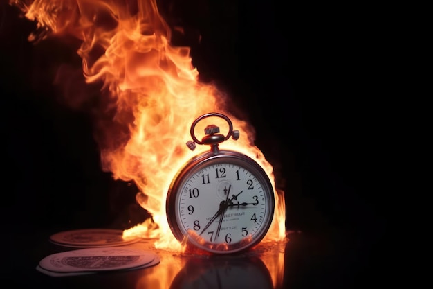 Alarming image of a burning clock on a white background