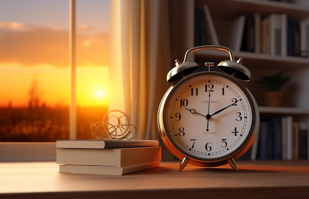Alarmklok en boeken op een houten tafel bij het raam bij zonsondergang