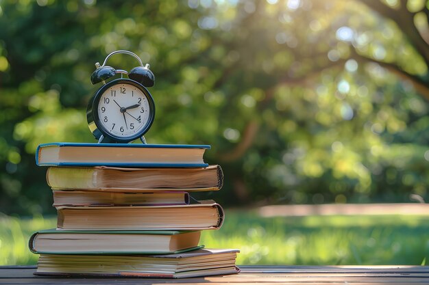 Alarmklok en boeken op een houten tafel in het park