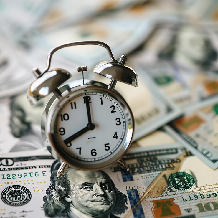 Alarmklok en dollars dichtbij kopieer ruimte Business