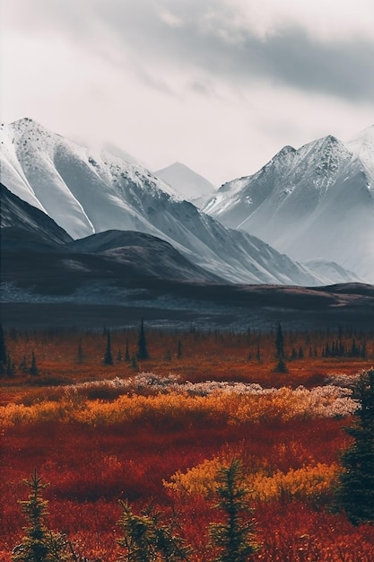 Alaska mountains landscape nature background in autumn fall season Snow peaks banner ai generated