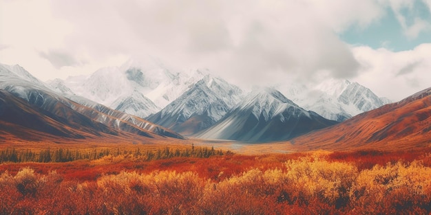 秋秋シーズンのアラスカの山の風景自然の背景雪峰バナー AI 生成