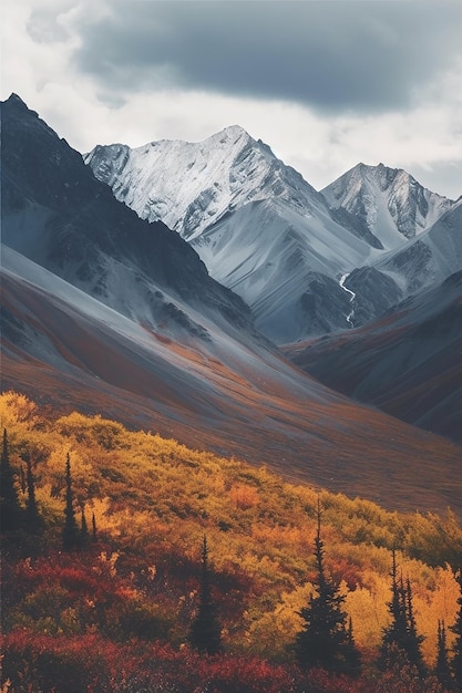 Alaska mountains landscape nature background in autumn fall season Snow peaks banner ai generated