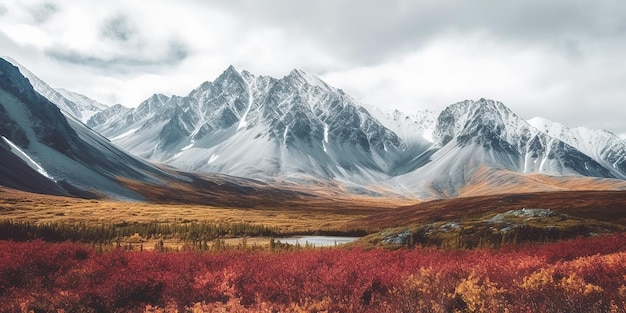 秋秋のアラスカの山々の風景自然の背景雪峰バナー パノラマ AI 生成