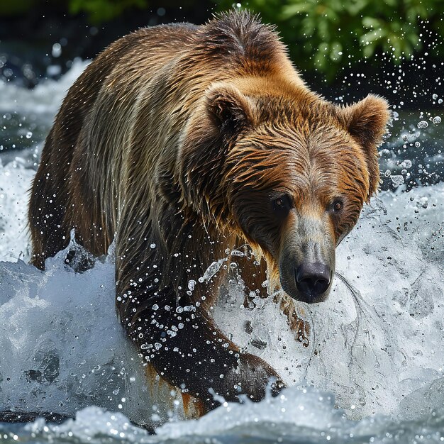 Alaskan Adventure Brown Bear Catching Salmon in its mouth Ai generative