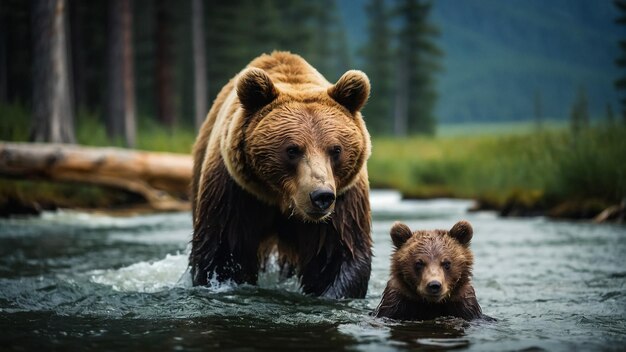 An alaskan brown bear sow and two yearling cubs walking in the Brooks River at Katmai National Park