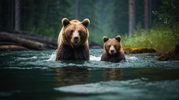 Photo an alaskan brown bear sow and two yearling cubs walking in the brooks river at katmai national park