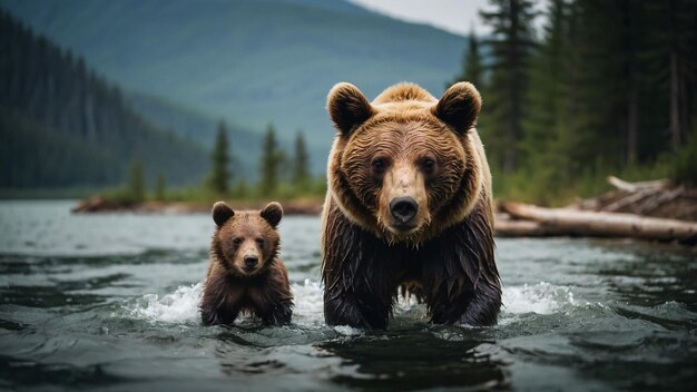 An alaskan brown bear sow and two yearling cubs walking in the Brooks River at Katmai National Park