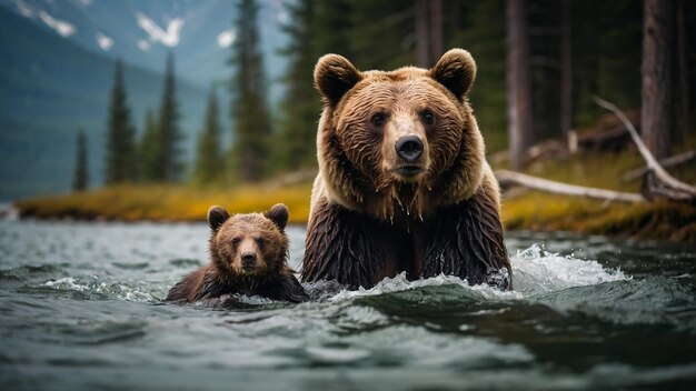 An alaskan brown bear sow and two yearling cubs walking in the Brooks River at Katmai National Park