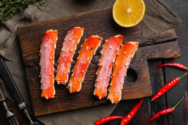 Alaskan King Crab legs Phalanx set, on old dark  wooden table background, top view flat lay