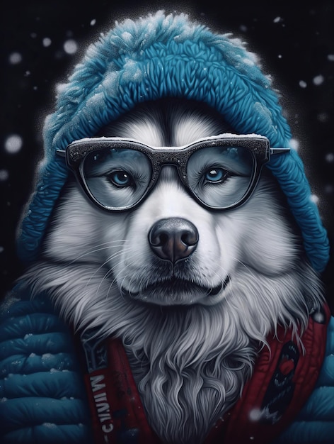 Alaskan Malamute dog with glasses in wintery clothing and a beanie Generative Ai