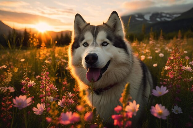 Alaskan Malamute in de weide met bloemen bij zonsondergang