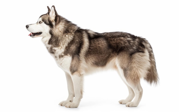 An Alaskan Malamute stands in profile against a white background showcasing its thick fur and proud stance This image captures the breeds characteristic wolflike features and robust build