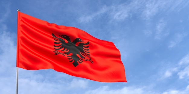 Bandiera dell'albania sul pennone sullo sfondo del cielo blu bandiera albanese che fluttua nel vento contro un cielo con nuvole bianche posto per l'illustrazione 3d del testo