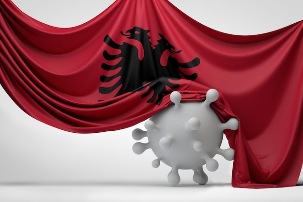 Национальный флаг албании накинут на молекулу вируса ковидной болезни d рендеринга