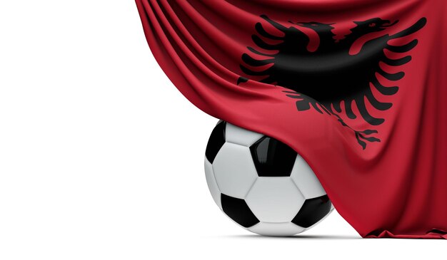 Photo albania national flag draped over a soccer football ball 3d rendering