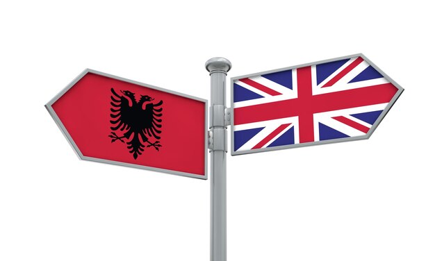 Albanië en het Verenigd Koninkrijk wegwijzer Bewegen in verschillende richtingen 3D-rendering