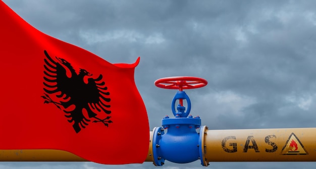 Albanië gasklep op de hoofdgasleiding Albanië Pijpleiding met vlag Albanië Pijpen
