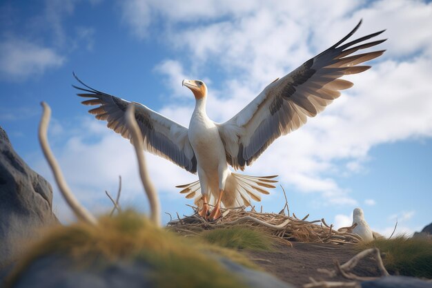 Альбатросы гнездятся с открытыми крыльями, чтобы защитить птенцов.