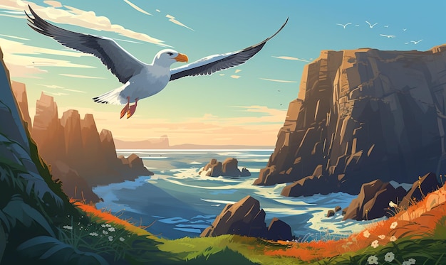 An albatross above the waves near cliffs An ocean bird flying over the sea