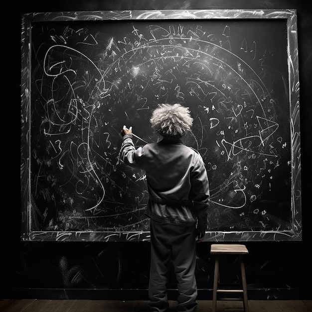 Albert Einstein from the back writing on a college chalkboard