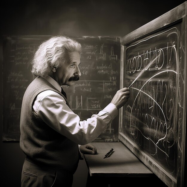 Photo albert einstein from the back writing on a college chalkboard