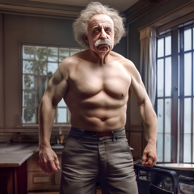 Albert Einstein met bodybuilderspieren