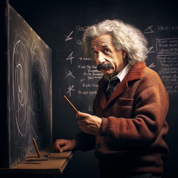 Albert Einstein van achteren schrijft op een college krijtbord