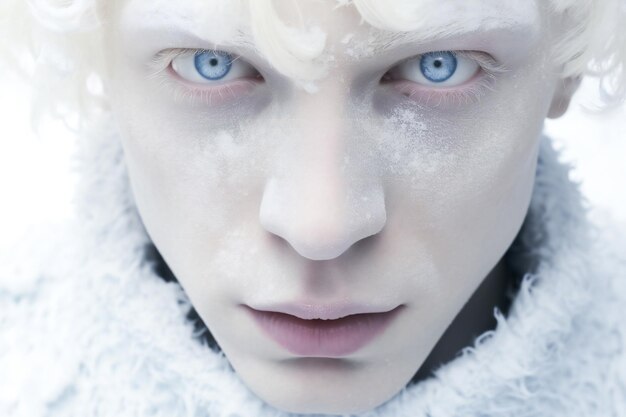 Albino anthropomorphic person portrait with blue eyes in the snow realistic detailed photographic