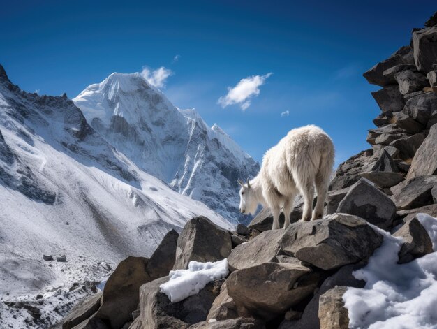 Photo albino mountain goat navigating mount everests majestic peaks