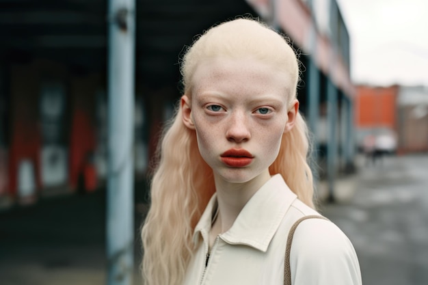 Photo albino woman portrait with a city scene background