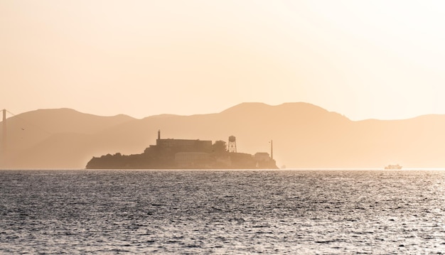 Alcatraz Island at sunset closeup shot