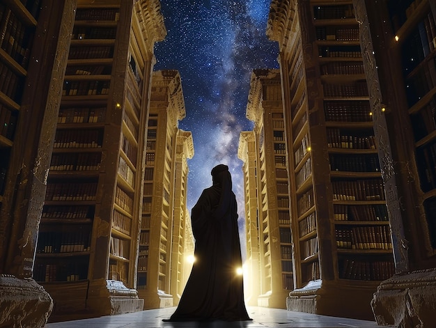 Photo the alchemist ancient tomes seeker of truth inside the library of alexandria under a starry night sky photography silhouette lighting lens flare pointofview shot