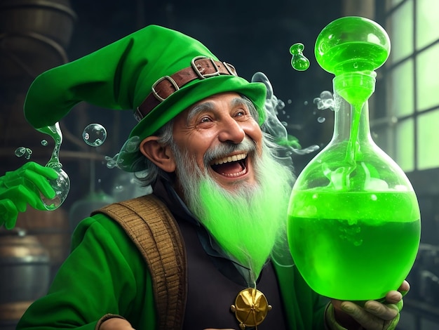 Foto alchemist met groene jurk gelukkig