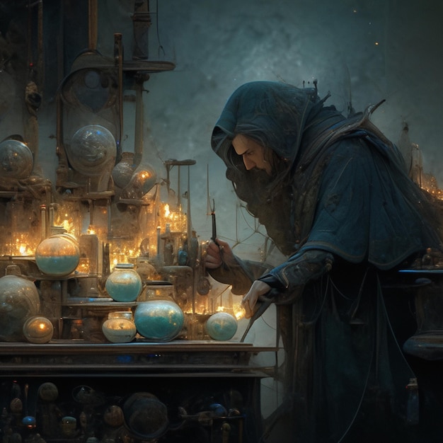 Alchemist mixing potions boiling concentration beautiful image Ai generated art