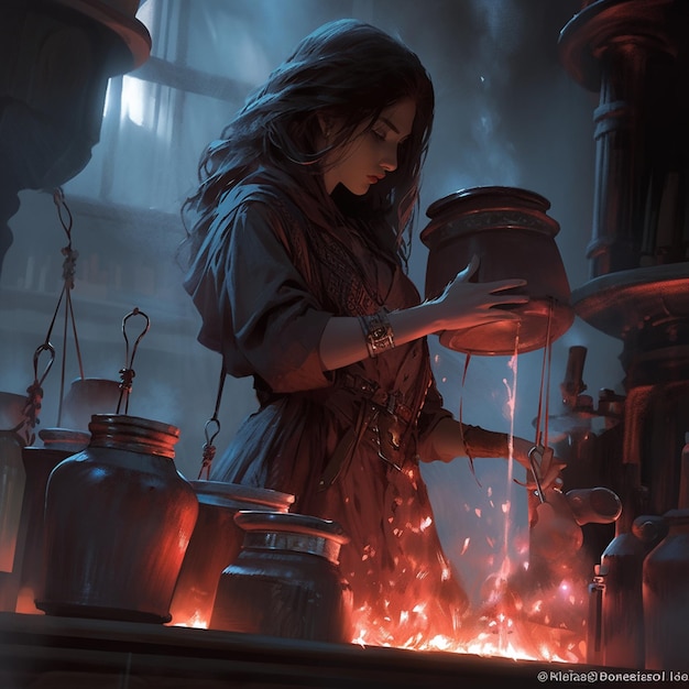 Alchemist mixing potions boiling concentration beautiful image Ai generated art