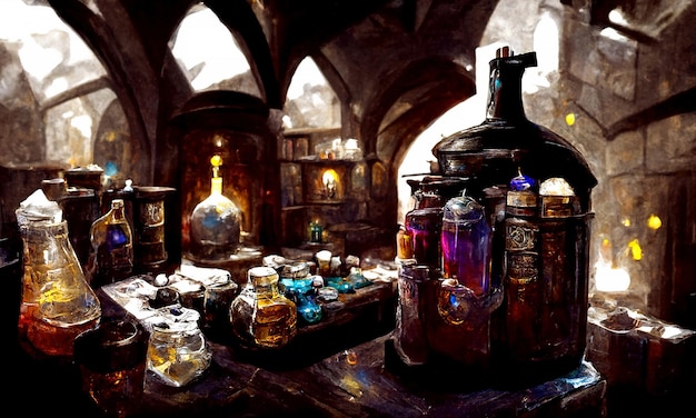 Alchemist table production of magical potions and elixir Colored bottles and flasks are on the table of the alchemist wizard Fantasy fairy tale 3d Illustration